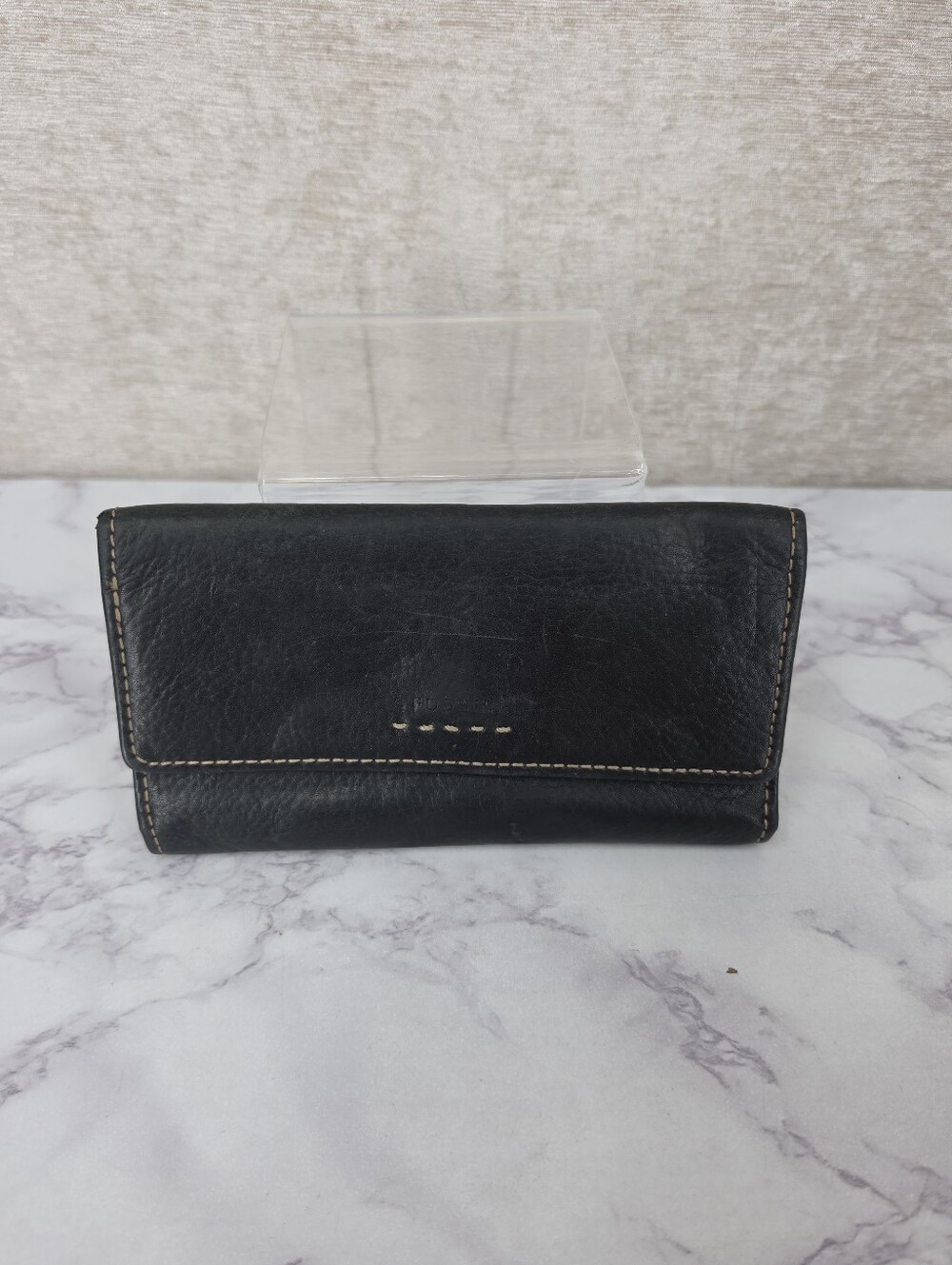 Fossil Vintage Black Leather Long Wallet Checkbook Holder Tri Fold